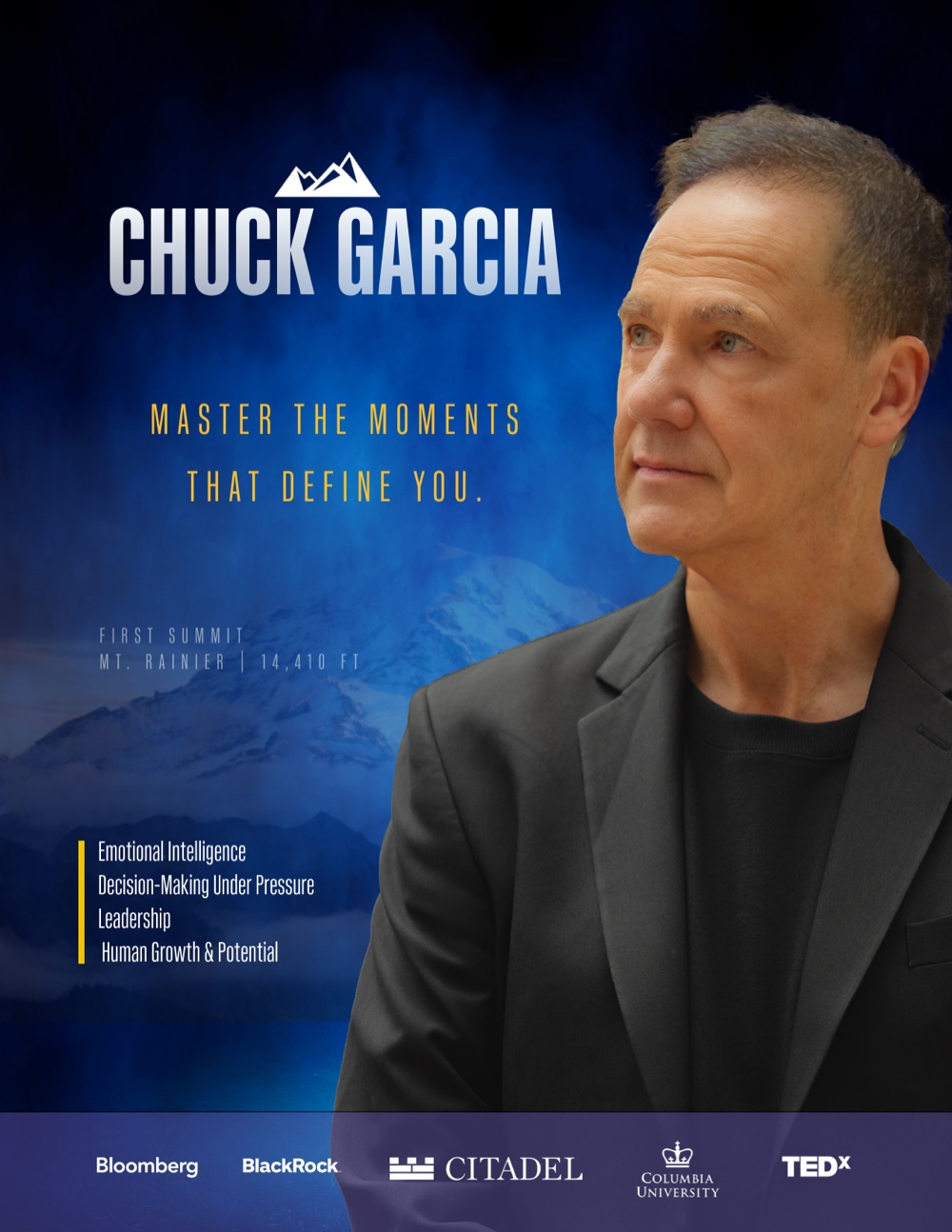 Cover of Chuck Garcia's Electronic Press Kit: his portrait beside the line Master the Moments That Define You.
