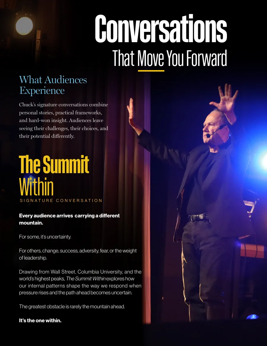 Electronic Press Kit page Conversations That Move You Forward, featuring Chuck on stage for The Summit Within.