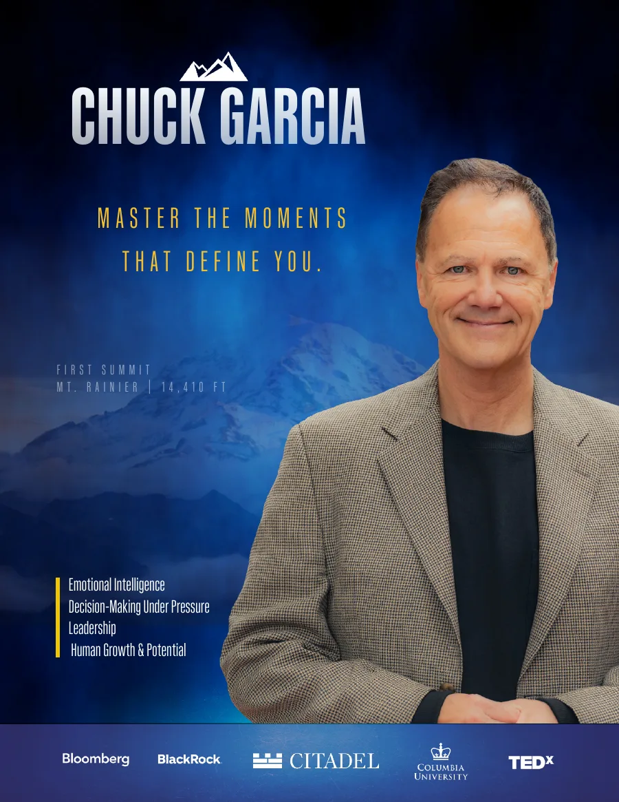Cover of Chuck Garcia's Electronic Press Kit: his portrait beside the line Master the Moments That Define You.