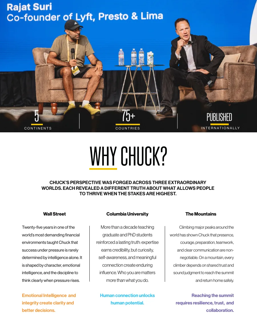 Electronic Press Kit page Why Chuck?, opening with Chuck on stage in conversation with Lyft co-founder Rajat Suri.